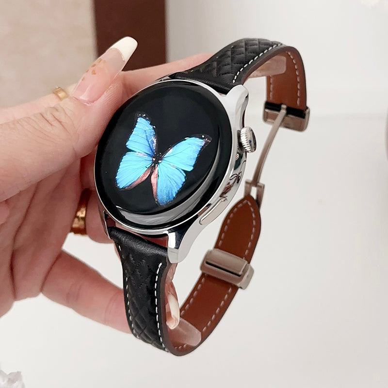 For Samsung Galaxy Watch3 45mm / Huawei Watch Ultimate Genuine Cow Leather 22mm Watch Band with Rhombus Pattern - Black For Samsung Galaxy Watch3 45mm / Huawei Watch Ultimate Genuine Cow Leather 22mm Watch Band with Rhombus Pattern - Black